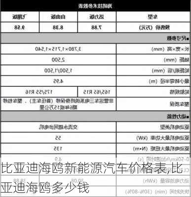 比亞迪海鷗新能源汽車價格表,比亞迪海鷗多少錢