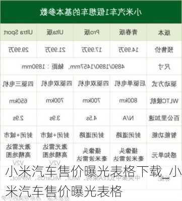 小米汽車售價曝光表格下載_小米汽車售價曝光表格