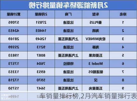 車銷量排行榜,2月汽車銷量排行表